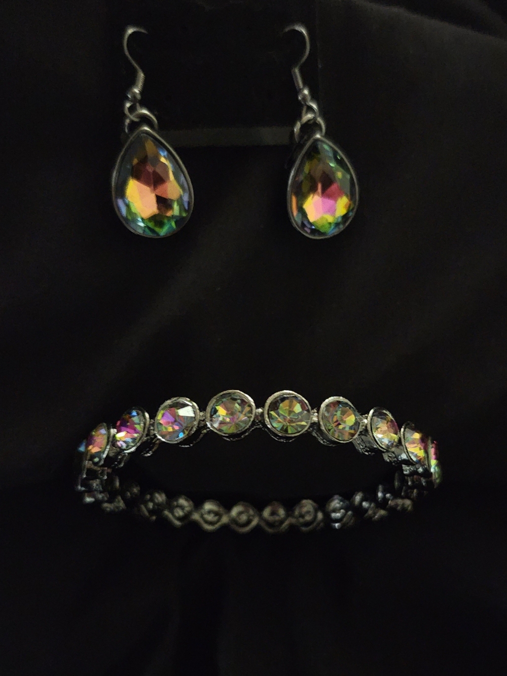 Iridescent Rainbow AB Crystal Jewelry Set Teardrop Dangle Earrings And Bracelet